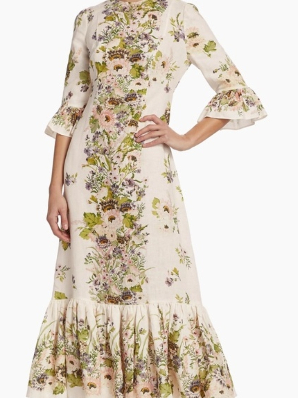 Zimmerman Halliday Cream Floral Midi Maxi Dress with Ruffle Hem